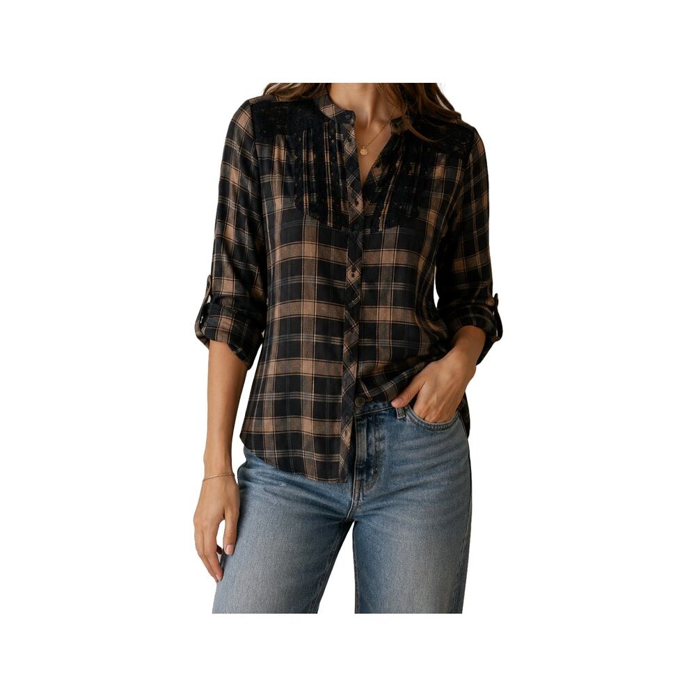 Love Squared Plaid Button Up Shirt With Lace Detail Size Small